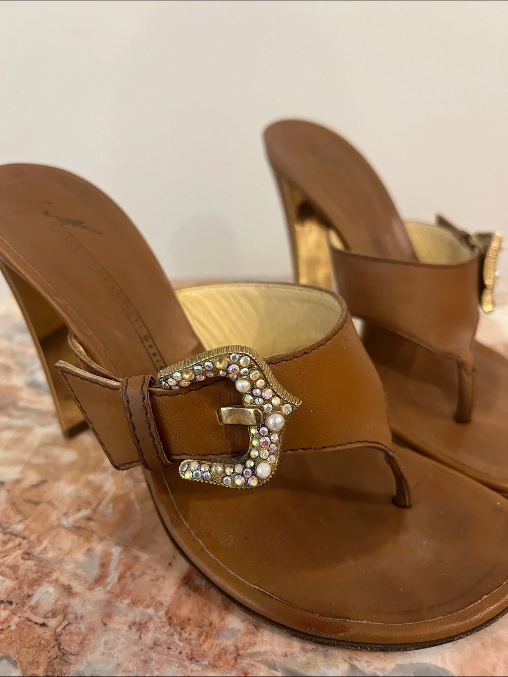 Giuseppe Zanotti Brown Leather Jeweled Thong Heels